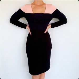 Sonia Rykiel blush navy black color block wool knit bow sweater dress size 40